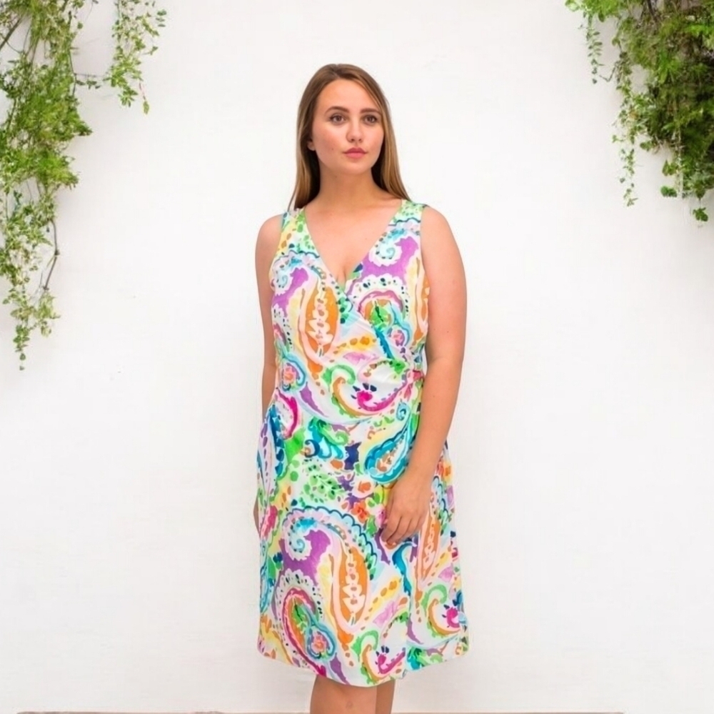 LAUREN Ralph Lauren‎ Paisley Faux Wrap Crepe Sleeveless Midi Dress Size 8